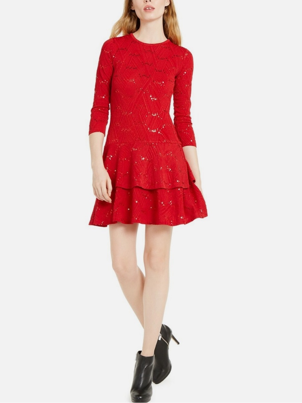 NEW Michael Kors Jacquard Sequin Ruffle Hem Dress Red Currant Size M